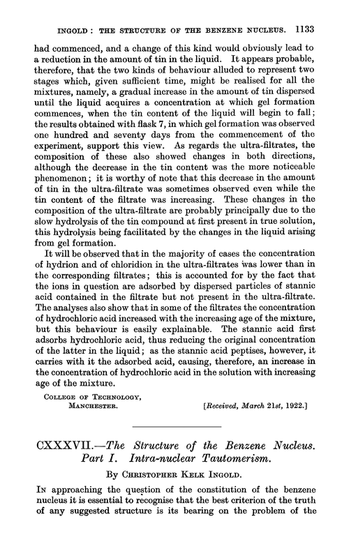 CXXXVII.—The structure of the benzene nucleus. Part I. Intra-nuclear tautomerism