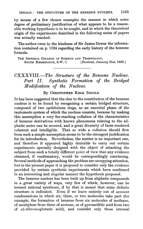 CXXXVIII.—The structure of the benzene nucleus. Part II. Synthetic formation of the bridged modification of the nucleus