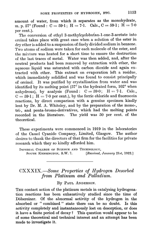 CXXXIX.—Some properties of hydrogen desorbed from platinum and palladium