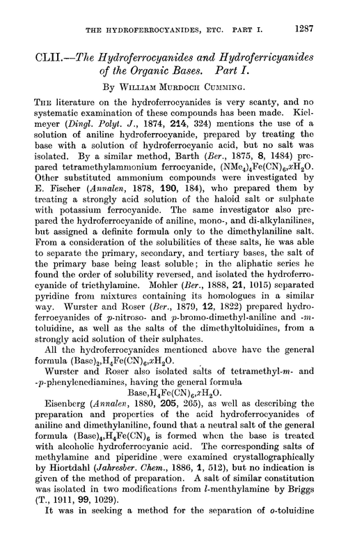 CLII.—The hydroferrocyanides and hydroferricyanides of the organic bases. Part I