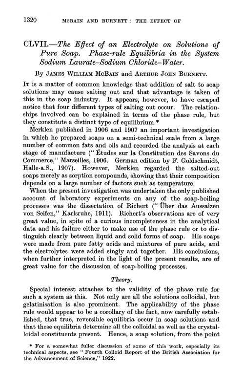 CLVII.—The effect of an electrolyte on solutions of pure soap. Phase-rule equilibria in the system sodium laurate–sodium chloride–water