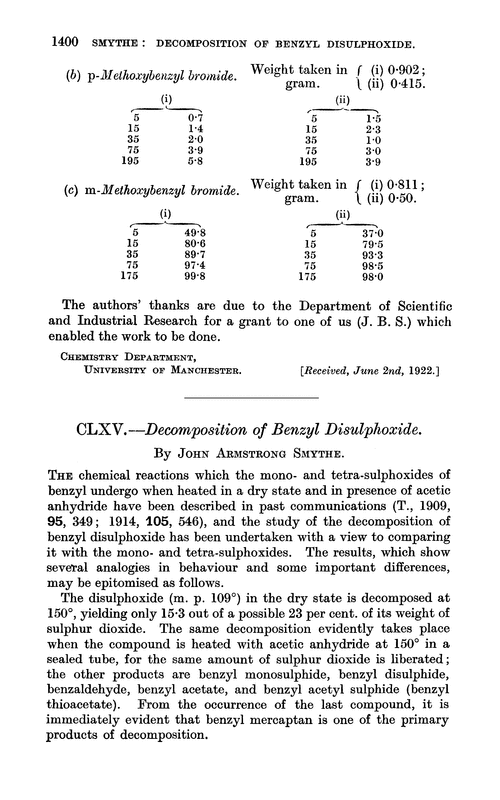 CLXV.—Decomposition of benzyl disulphoxide