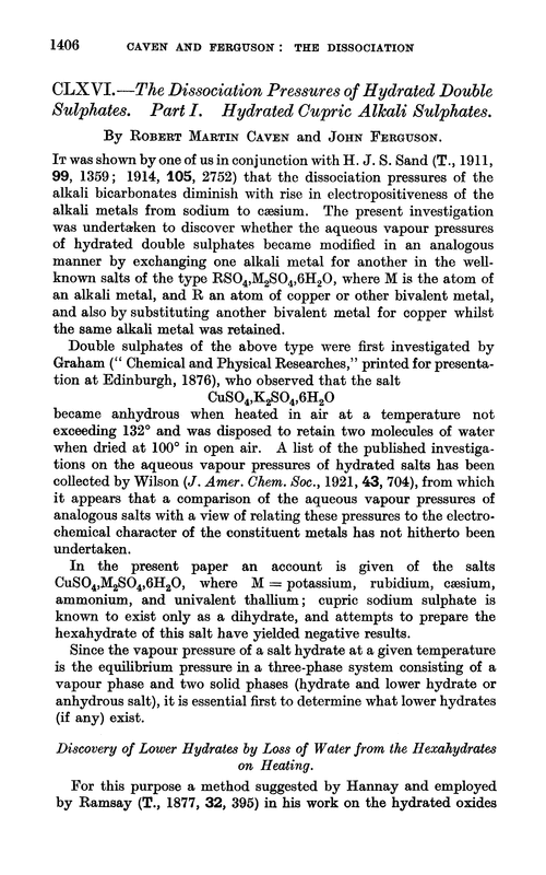 CLXVI.—The dissociation pressures of hydrated double sulphates. Part I. Hydrated cupric alkali sulphates