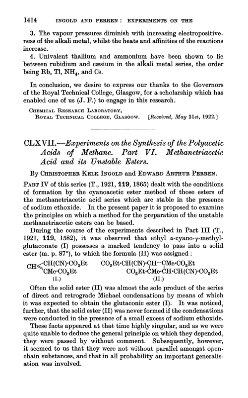CLXVII.—Experiments on the synthesis of the polyacetic acids of methane. Part VI. Methanetriacetic acid and its unstable esters