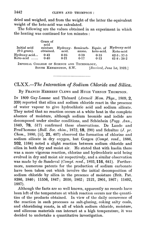 CLXX.—The interaction of sodium chloride and silica