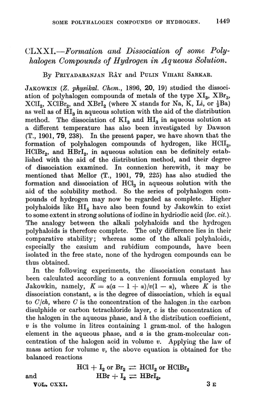 CLXXI.—Formation and dissociation of some polyhalogen compounds of hydrogen in aqueous solution