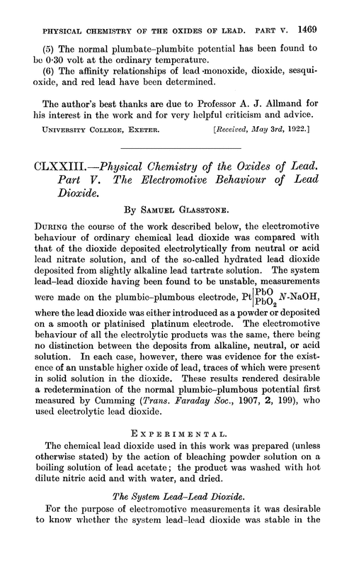 CLXXIII.—Physical chemistry of the oxides of lead. Part V. The electromotive behaviour of lead dioxide