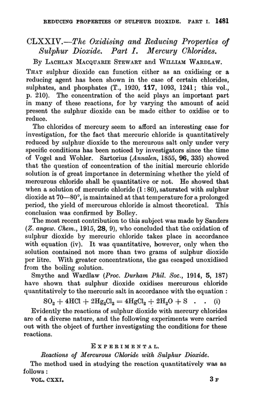CLXXIV.—The oxidising and reducing properties of sulphur dioxide. Part I. Mercury chlorides