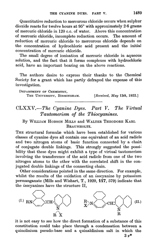 CLXXV.—The cyanine dyes. Part V. The virtual tautomerism of the thiocyanines