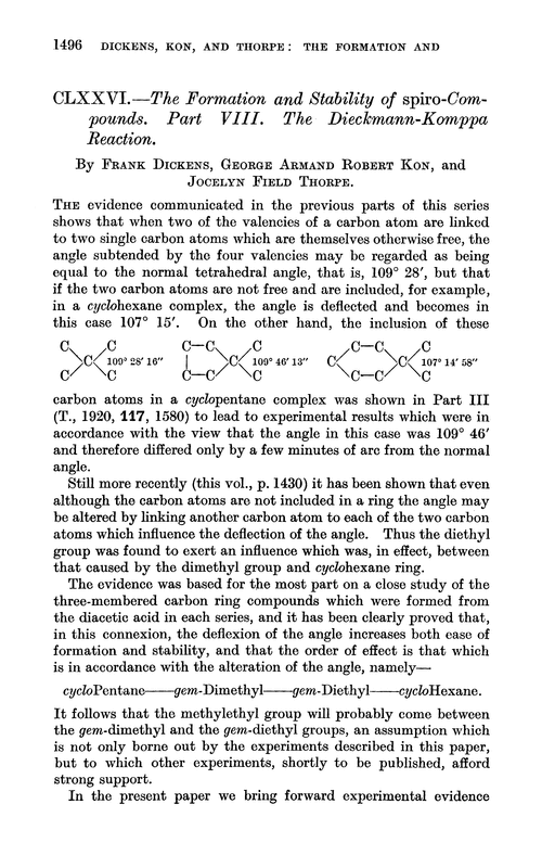 CLXXVI.—The formation and stability of spiro-compounds. Part VIII. The Dieckmann-Komppa reaction