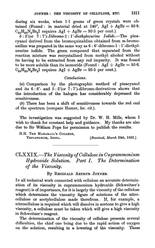 CLXXIX.—The viscosity of cellulose in cuprammonium hydroxide solution. Part I. The determination of the viscosity