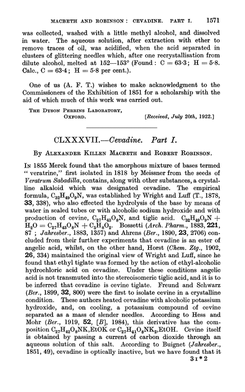 CLXXXVII.—Cevadine. Part I