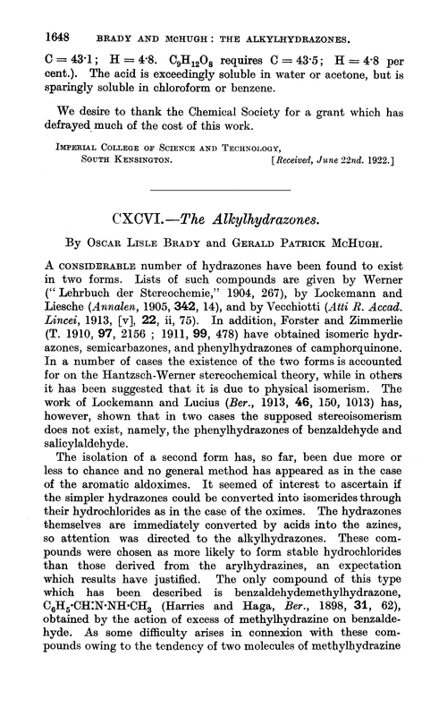 CXCVI.—The alkylhydrazones