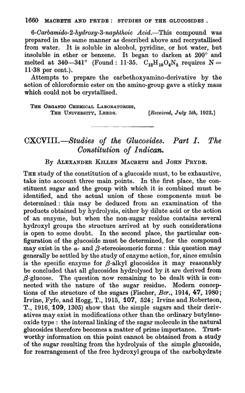 CXCVIII.—Studies of the glucosides. Part I. The constitution of indican
