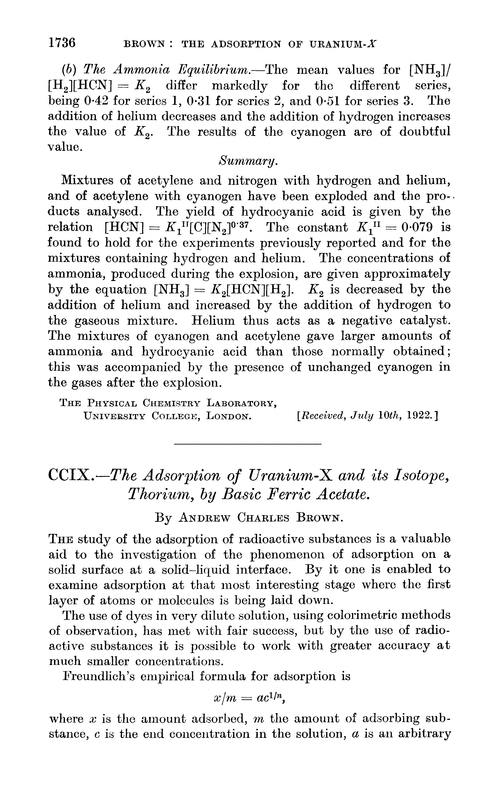 CCIX.—The adsorption of uranium-X and its isotope, thorium, by basic ferric acetate