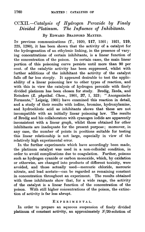 CCXII.—Catalysis of hydrogen peroxide by finely divided platinum. The influence of inhibitants