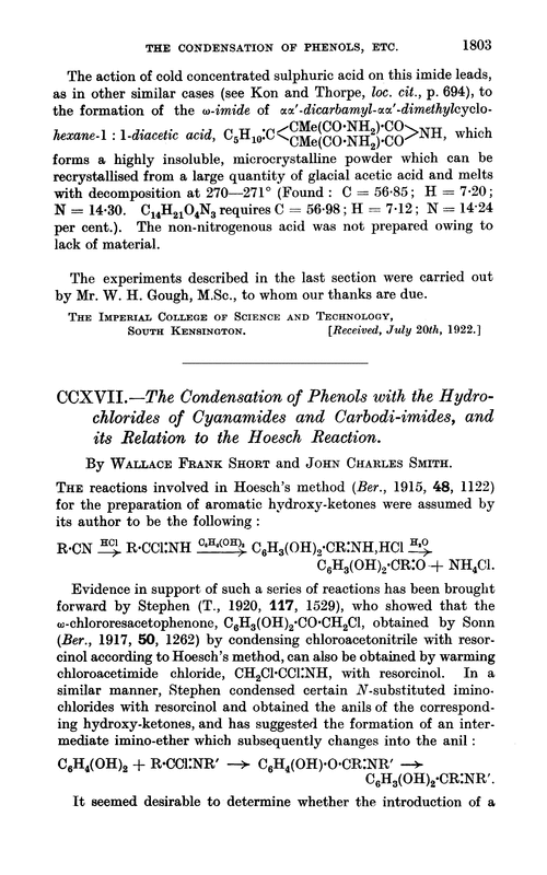 CCXVII.—The condensation of phenols with the hydrochlorides of cyanamides and carbodi-imides, and its relation to the Hoesch reaction