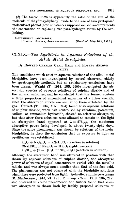CCXIX.—The equilibria in aqueous solutions of the alkali metal bisulphites