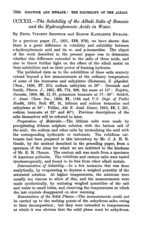 CCXXII.—The solubility of the alkali salts of benzoic and the hydroxybenzoic acids in water