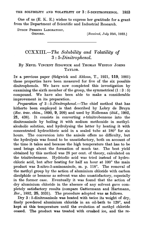 CCXXIII.—The solubility and volatility of 3 : 5-dinitrophenol