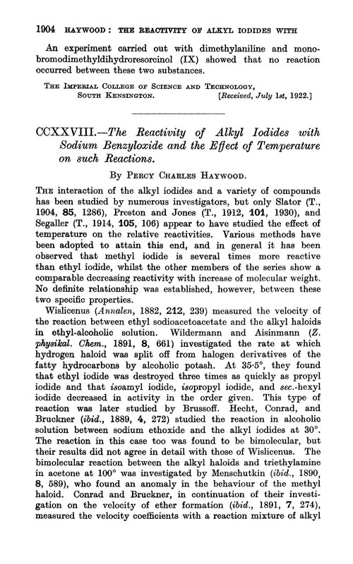 CCXXVIII.—The reactivity of alkyl iodides with sodium benzyloxide and the effect of temperature on such reactions