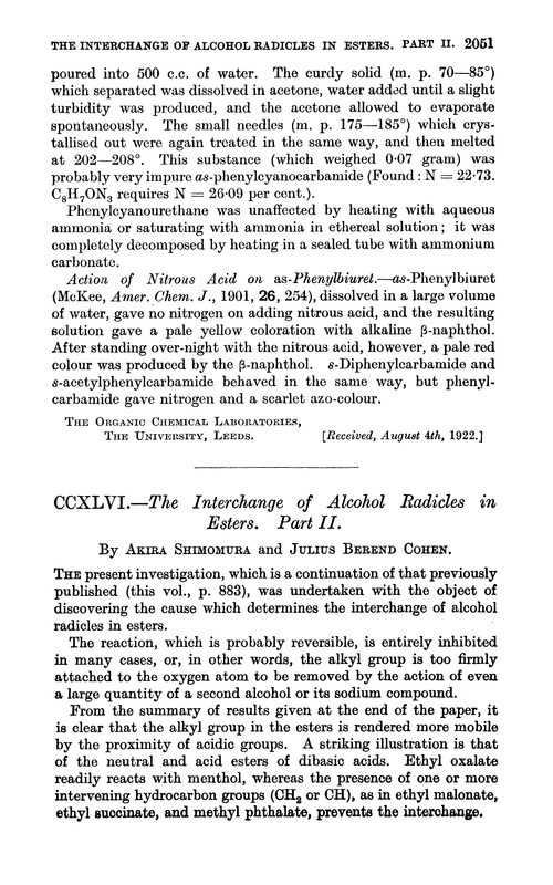 CCXLVI.—The interchange of alcohol radicles in esters. Part II