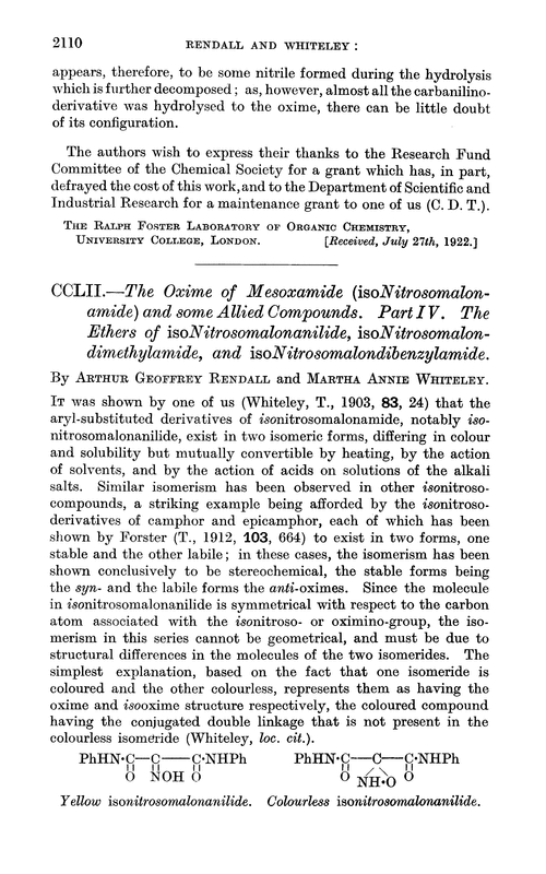 CCLII.—The oxime of mesoxamide (isonitrosomalonamide) and some allied compounds. Part IV. The ethers of isonitrosomalonanilide, isonitrosomalondimethylamide, and isonitrosomalondibenzylamide