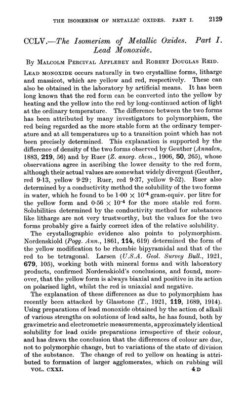 CCLV.—The isomerism of metallic oxides. Part I. Lead monoxide