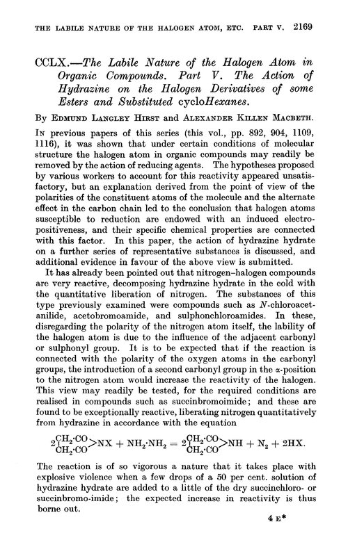 CCLX.—The labile nature of the halogen atom in organic compounds. Part V. The action of hydrazine on the halogen derivatives of some esters and substituted cyclohexanes