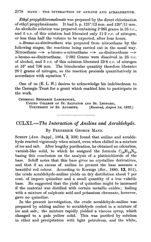 CCLXI.—The interaction of aniline and acraldehyde