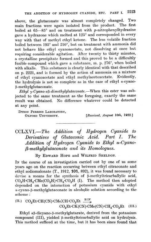 CCLXVI.—The addition of hydrogen cyanide to derivatives of glutaconic acid. Part I. The addition of hydrogen cyanide to ethyl α-cyano-β-methylglutaconate and its homologues