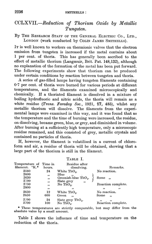 CCLXVII.—Reduction of thorium oxide by metallic tungsten Journal of