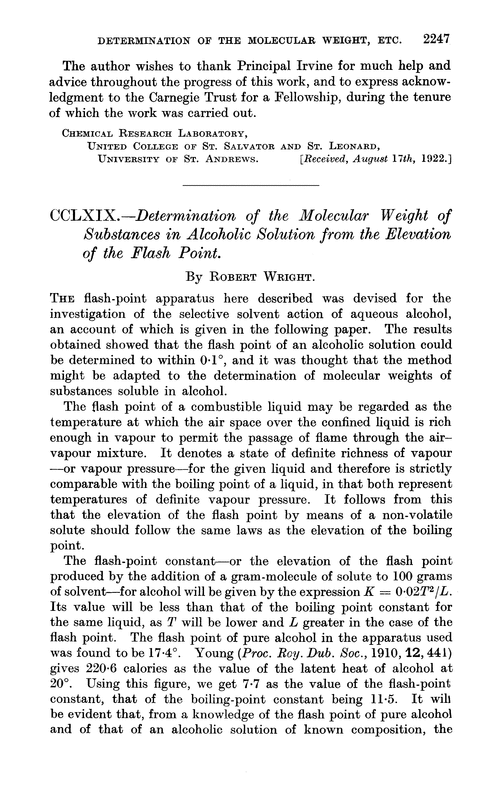 CCLXIX.—Determination of the molecular weight of substances in alcoholic solution from the elevation of the flash point