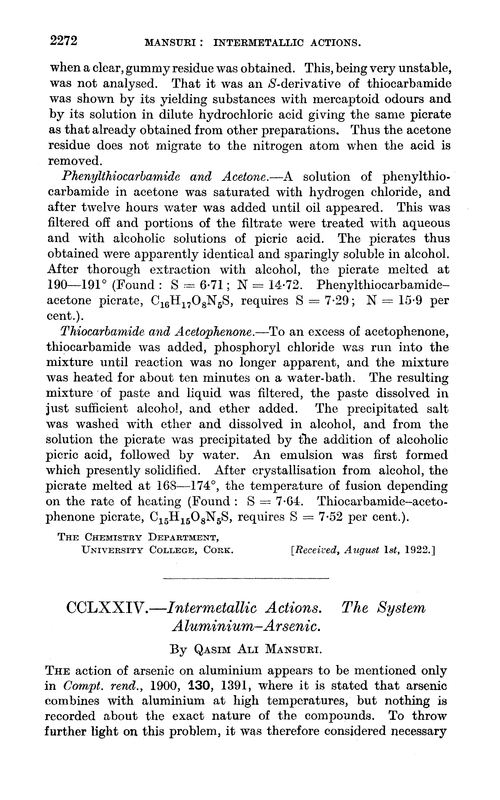 CCLXXIV.—Intermetallic actions. The system aluminium–arsenic
