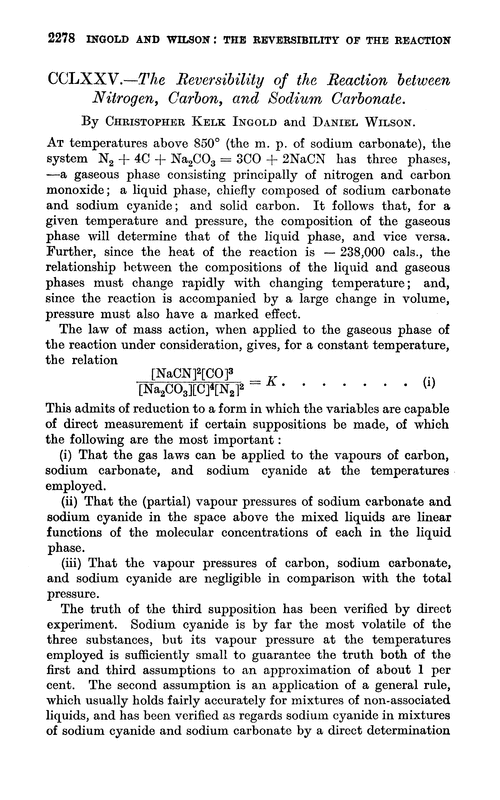CCLXXV.—The reversibility of the reaction between nitrogen, carbon, and sodium carbonate