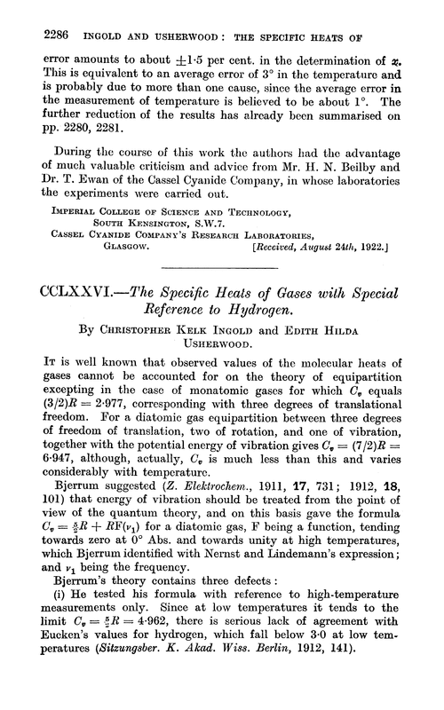 CCLXXVI.—The specific heats of gases with special reference to hydrogen