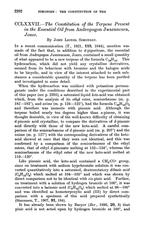 CCLXXVII.—The constitution of the terpene present in the essential oil from Andropogon Jwarancusa, Jones