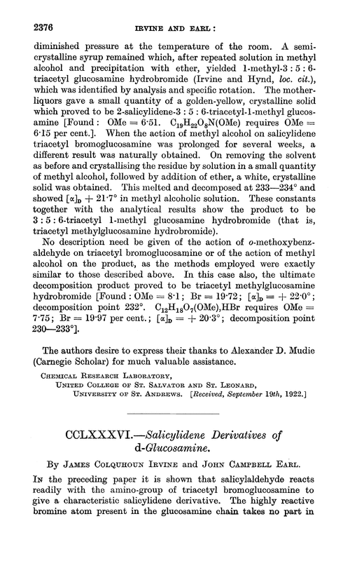 CCLXXXVI.—Salicylidene derivatives of d-glucosamine