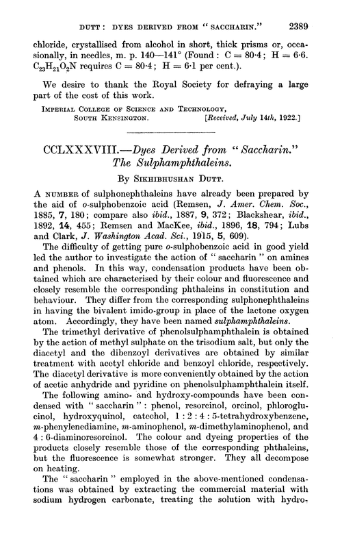CCLXXXVIII.—Dyes derived from “saccharin.” The sulphamphthaleins