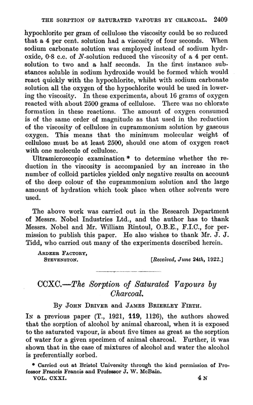 CCXC.—The sorption of saturated vapours by charcoal
