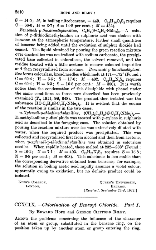 CCXCIX.—Chlorination of benzoyl chloride. Part I
