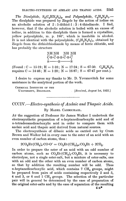 CCCIV.—Electro-synthesis of azelaic and thapsic acids
