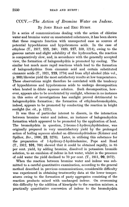 CCCV.—The action of bromine water on indene