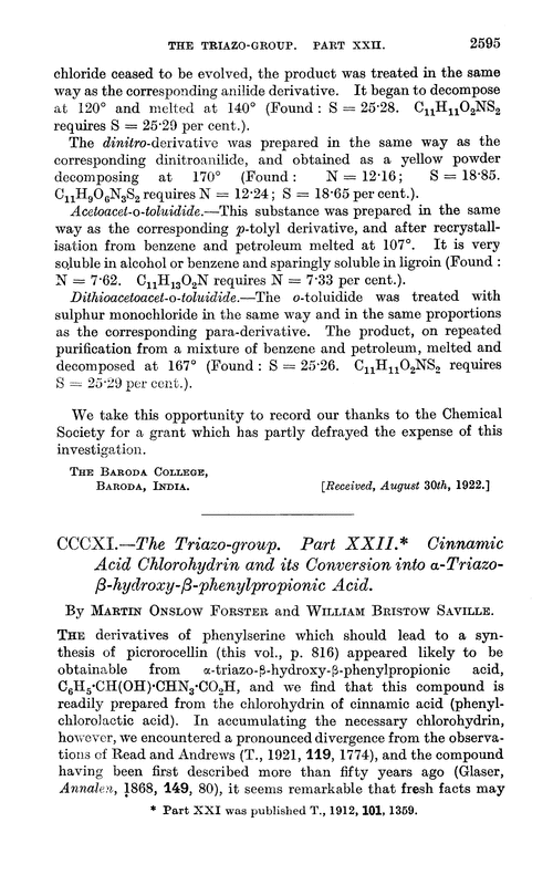 CCCXI.—The triazo-group. Part XXII. Cinnamic acid chlorohydrin and its conversion into α-triazo-β-hydroxy-β-phenylpropionic acid