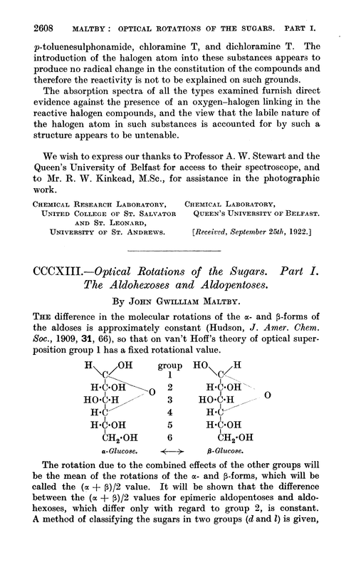 CCCXIII.—Optical rotations of the sugars. Part I. The aldohexoses and aldopentoses