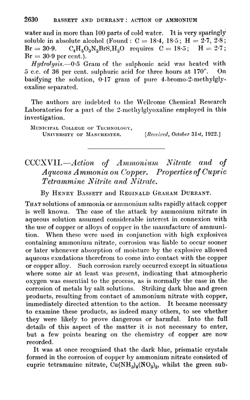 CCCXVII.—Action of ammonium nitrate and of aqueous ammonia on copper. Properties of cupric tetrammine nitrite and nitrate