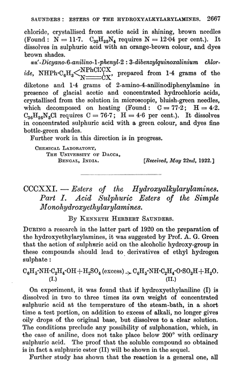CCCXXI.—Esters of the hydroxyalkylarylamines. Part I. Acid sulphuric esters of the simple monohydroxyethylarylamines