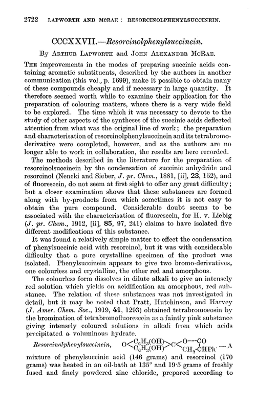 CCCXXVII.—Resorcinolphenylsuccinein