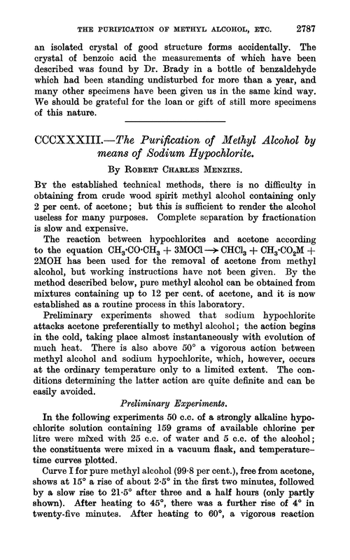 CCCXXXIII.—The purification of methyl alcohol by means of sodium hypochlorite