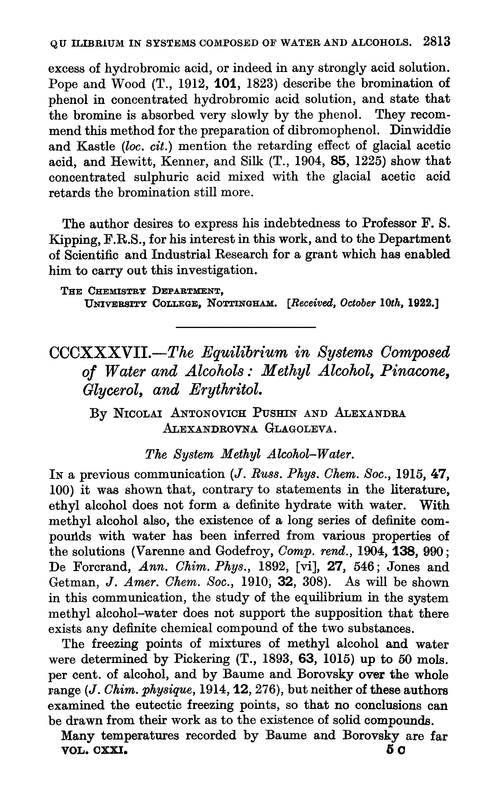 CCCXXXVII.—The equilibrium in systems composed of water and alcohols: methyl alcohol, pinacone, glycerol, and erythritol